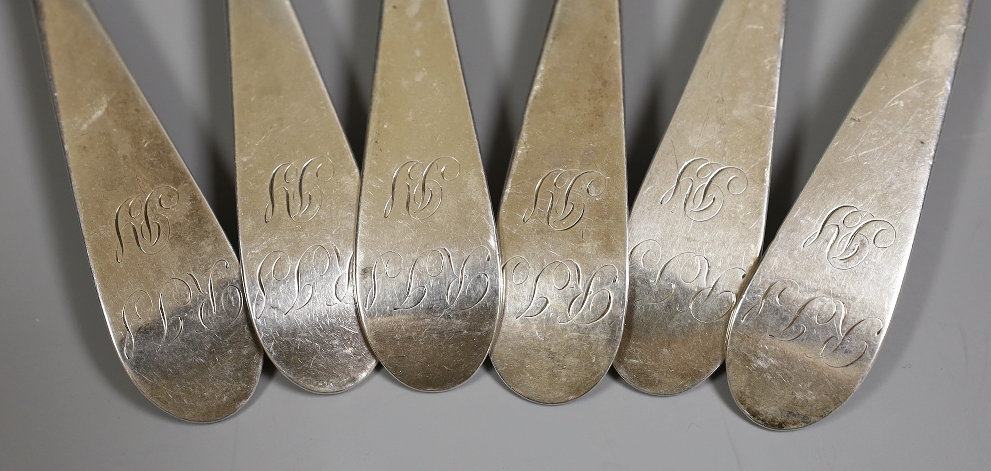 A set of six late 18th century Scottish provincial silver Old English pattern tablespoons by James Cornfute, Perth, with engraved initials, 21.4cm, 12oz.